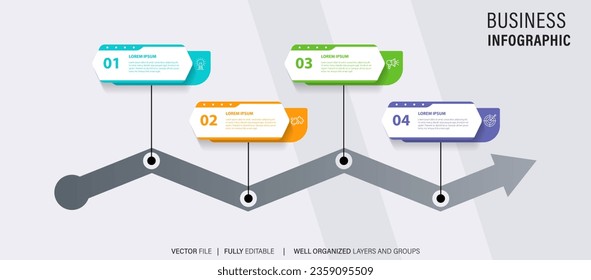 Timeline infographic with infochart. Modern presentation template with 4 spets for business process. Website template on white background for concept modern design. Horizontal layout.
