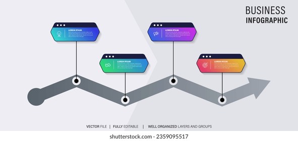 Timeline infographic with infochart. Modern presentation template with 4 spets for business process. Website template on white background for concept modern design. Horizontal layout.