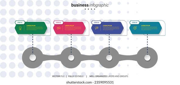 Timeline infographic with infochart. Modern presentation template with 4 spets for business process. Website template on white background for concept modern design. Horizontal layout.
