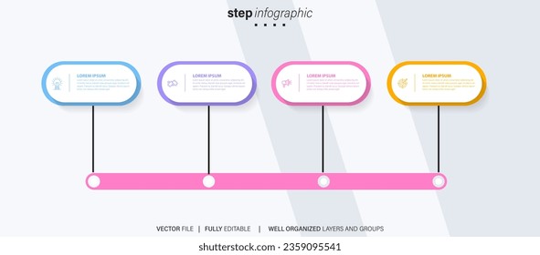 Timeline infographic with infochart. Modern presentation template with 4 spets for business process. Website template on white background for concept modern design. Horizontal layout.