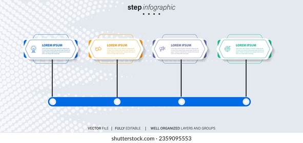 Timeline infographic with infochart. Modern presentation template with 4 spets for business process. Website template on white background for concept modern design. Horizontal layout.