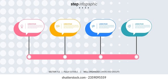 Timeline infographic with infochart. Modern presentation template with 4 spets for business process. Website template on white background for concept modern design. Horizontal layout.