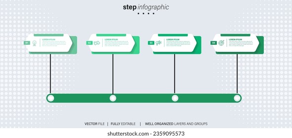 Timeline infographic with infochart. Modern presentation template with 4 spets for business process. Website template on white background for concept modern design. Horizontal layout.