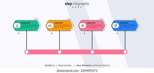 Timeline infographic with infochart. Modern presentation template with 4 spets for business process. Website template on white background for concept modern design. Horizontal layout.