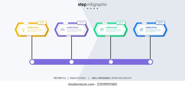 Timeline infographic with infochart. Modern presentation template with 4 spets for business process. Website template on white background for concept modern design. Horizontal layout.