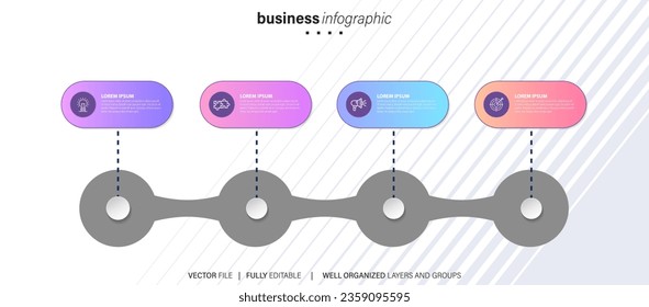 Timeline infographic with infochart. Modern presentation template with 4 spets for business process. Website template on white background for concept modern design. Horizontal layout.