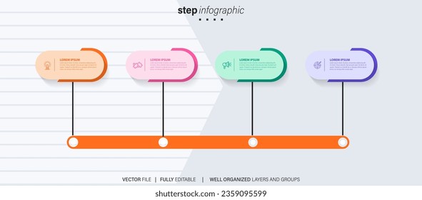 Timeline infographic with infochart. Modern presentation template with 4 spets for business process. Website template on white background for concept modern design. Horizontal layout.