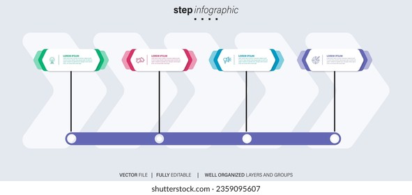 Timeline infographic with infochart. Modern presentation template with 4 spets for business process. Website template on white background for concept modern design. Horizontal layout.