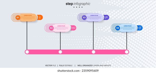 Timeline infographic with infochart. Modern presentation template with 4 spets for business process. Website template on white background for concept modern design. Horizontal layout.
