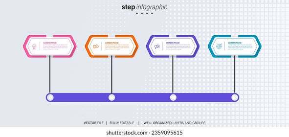 Timeline infographic with infochart. Modern presentation template with 4 spets for business process. Website template on white background for concept modern design. Horizontal layout.