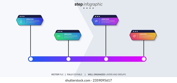 Timeline infographic with infochart. Modern presentation template with 4 spets for business process. Website template on white background for concept modern design. Horizontal layout.