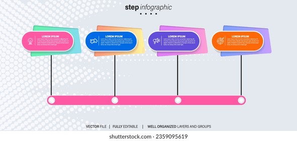 Timeline infographic with infochart. Modern presentation template with 4 spets for business process. Website template on white background for concept modern design. Horizontal layout.