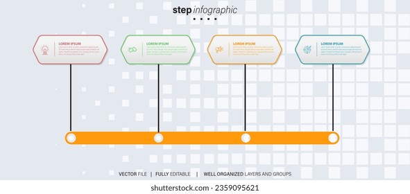 Timeline infographic with infochart. Modern presentation template with 4 spets for business process. Website template on white background for concept modern design. Horizontal layout.