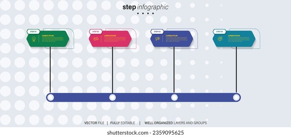 Timeline infographic with infochart. Modern presentation template with 4 spets for business process. Website template on white background for concept modern design. Horizontal layout.