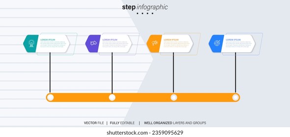 Timeline infographic with infochart. Modern presentation template with 4 spets for business process. Website template on white background for concept modern design. Horizontal layout.