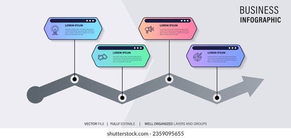Timeline infographic with infochart. Modern presentation template with 4 spets for business process. Website template on white background for concept modern design. Horizontal layout.