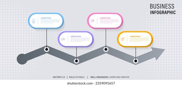 Timeline infographic with infochart. Modern presentation template with 4 spets for business process. Website template on white background for concept modern design. Horizontal layout.
