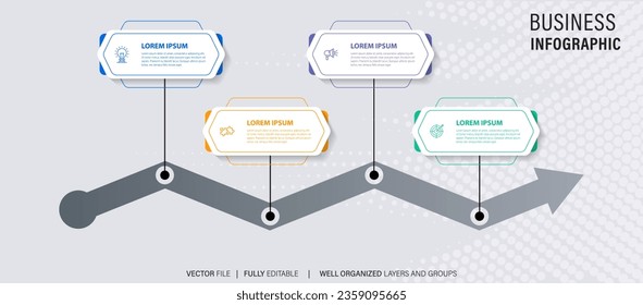 Timeline infographic with infochart. Modern presentation template with 4 spets for business process. Website template on white background for concept modern design. Horizontal layout.