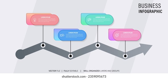 Timeline infographic with infochart. Modern presentation template with 4 spets for business process. Website template on white background for concept modern design. Horizontal layout.