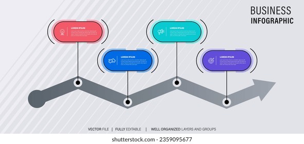 Timeline infographic with infochart. Modern presentation template with 4 spets for business process. Website template on white background for concept modern design. Horizontal layout.