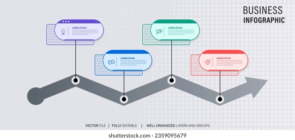 Timeline infographic with infochart. Modern presentation template with 4 spets for business process. Website template on white background for concept modern design. Horizontal layout.