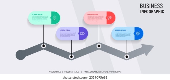 Timeline infographic with infochart. Modern presentation template with 4 spets for business process. Website template on white background for concept modern design. Horizontal layout.