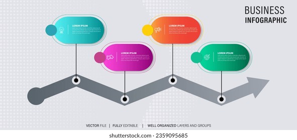 Timeline infographic with infochart. Modern presentation template with 4 spets for business process. Website template on white background for concept modern design. Horizontal layout.
