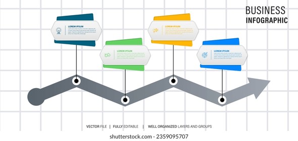 Timeline infographic with infochart. Modern presentation template with 4 spets for business process. Website template on white background for concept modern design. Horizontal layout.