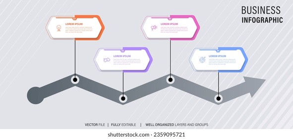 Timeline infographic with infochart. Modern presentation template with 4 spets for business process. Website template on white background for concept modern design. Horizontal layout.