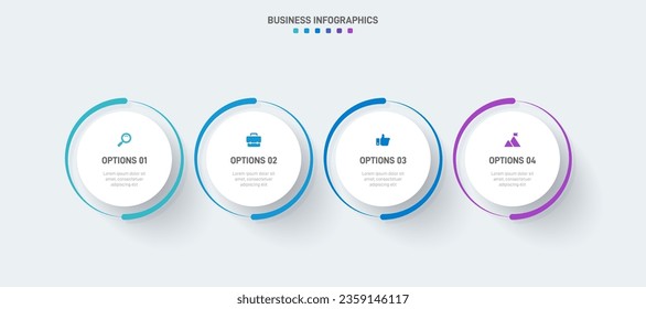 Timeline infographic with infochart. Modern presentation template with 4 spets for business process. Website template on white background for concept modern design. Horizontal layout.