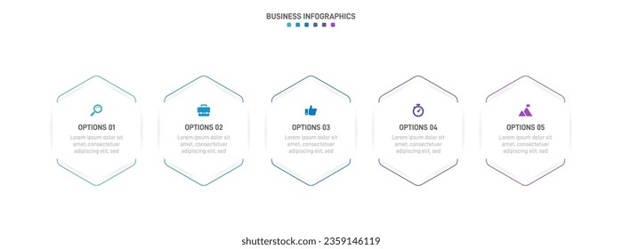 Timeline infographic with infochart. Modern presentation template with 5 spets for business process. Website template on white background for concept modern design. Horizontal layout.