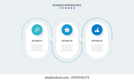 Timeline infographic with infochart. Modern presentation template with 3 spets for business process. Website template on white background for concept modern design. Horizontal layout.