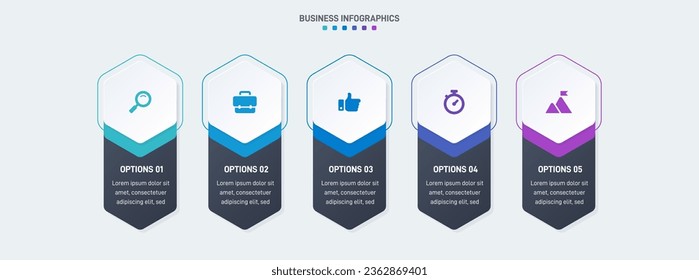 Timeline infographic with infochart. Modern presentation template with 5 spets for business process. Website template on white background for concept modern design. Horizontal layout.