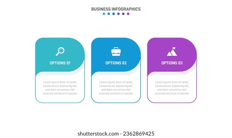 Timeline infographic with infochart. Modern presentation template with 3 spets for business process. Website template on white background for concept modern design. Horizontal layout.