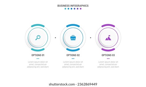 Timeline infographic with infochart. Modern presentation template with 3 spets for business process. Website template on white background for concept modern design. Horizontal layout.