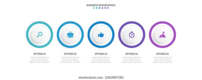 Timeline infographic with infochart. Modern presentation template with 5 spets for business process. Website template on white background for concept modern design. Horizontal layout.