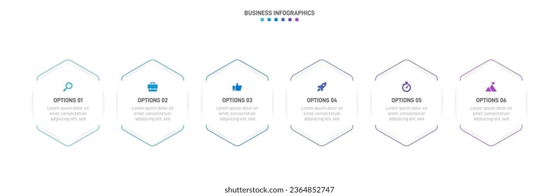 Timeline infographic with infochart. Modern presentation template with 6 spets for business process. Website template on white background for concept modern design. Horizontal layout.