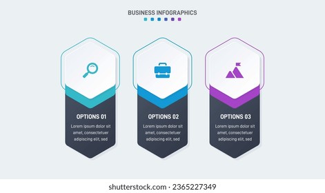 Timeline infographic with infochart. Modern presentation template with 3 spets for business process. Website template on white background for concept modern design. Horizontal layout.