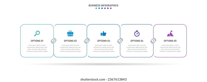 Timeline infographic with infochart. Modern presentation template with 5 spets for business process. Website template on white background for concept modern design. Horizontal layout.