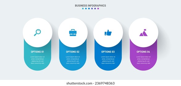 Timeline infographic with infochart. Modern presentation template with 4 spets for business process. Website template on white background for concept modern design. Horizontal layout.
