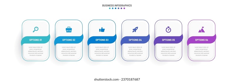 Timeline infographic with infochart. Modern presentation template with 6 spets for business process. Website template on white background for concept modern design. Horizontal layout.