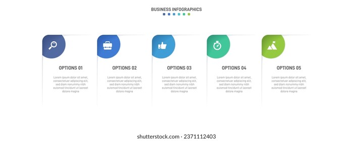 Timeline infographic with infochart. Modern presentation template with 5 spets for business process. Website template on white background for concept modern design. Horizontal layout.
