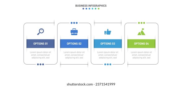 Timeline infographic with infochart. Modern presentation template with 4 spets for business process. Website template on white background for concept modern design. Horizontal layout.