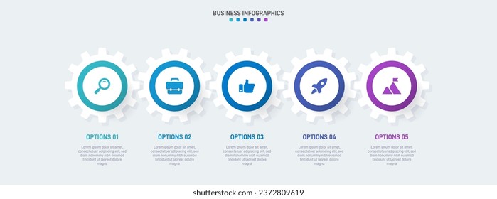 Timeline infographic with infochart. Modern presentation template with 5 spets for business process. Website template on white background for concept modern design. Horizontal layout.