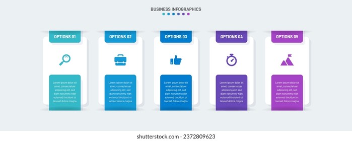 Timeline infographic with infochart. Modern presentation template with 5 spets for business process. Website template on white background for concept modern design. Horizontal layout.