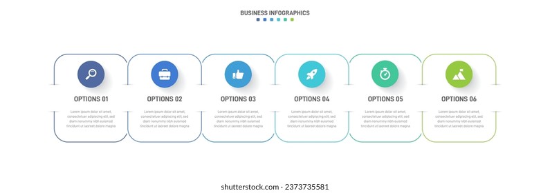 Infografik der Zeitachse mit Infochart. Moderne Präsentationsvorlage mit 6 Beispielen für Geschäftsprozesse. Website-Vorlage auf weißem Hintergrund für konzeptionelles modernes Design. Horizontales Layout.