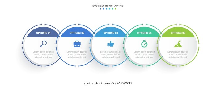 Timeline infographic with infochart. Modern presentation template with 5 spets for business process. Website template on white background for concept modern design. Horizontal layout.