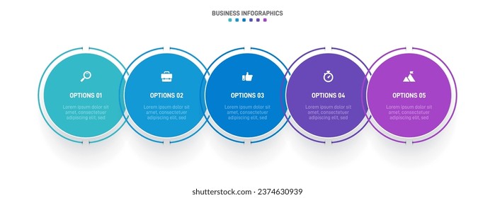 Timeline infographic with infochart. Modern presentation template with 5 spets for business process. Website template on white background for concept modern design. Horizontal layout.
