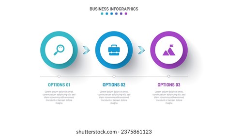 Timeline infographic with infochart. Modern presentation template with 3 spets for business process. Website template on white background for concept modern design. Horizontal layout.