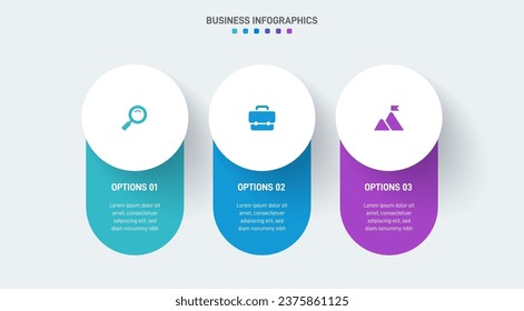 Timeline infographic with infochart. Modern presentation template with 3 spets for business process. Website template on white background for concept modern design. Horizontal layout.